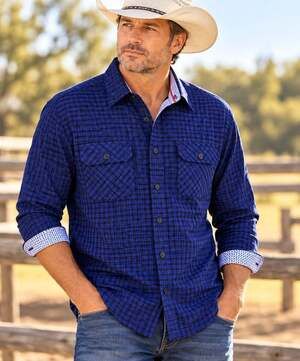 Buttercloth NWT Navy Blue Plaid Snap Flip Cuff Comfort Stretch Shirt. Mens 2XL
